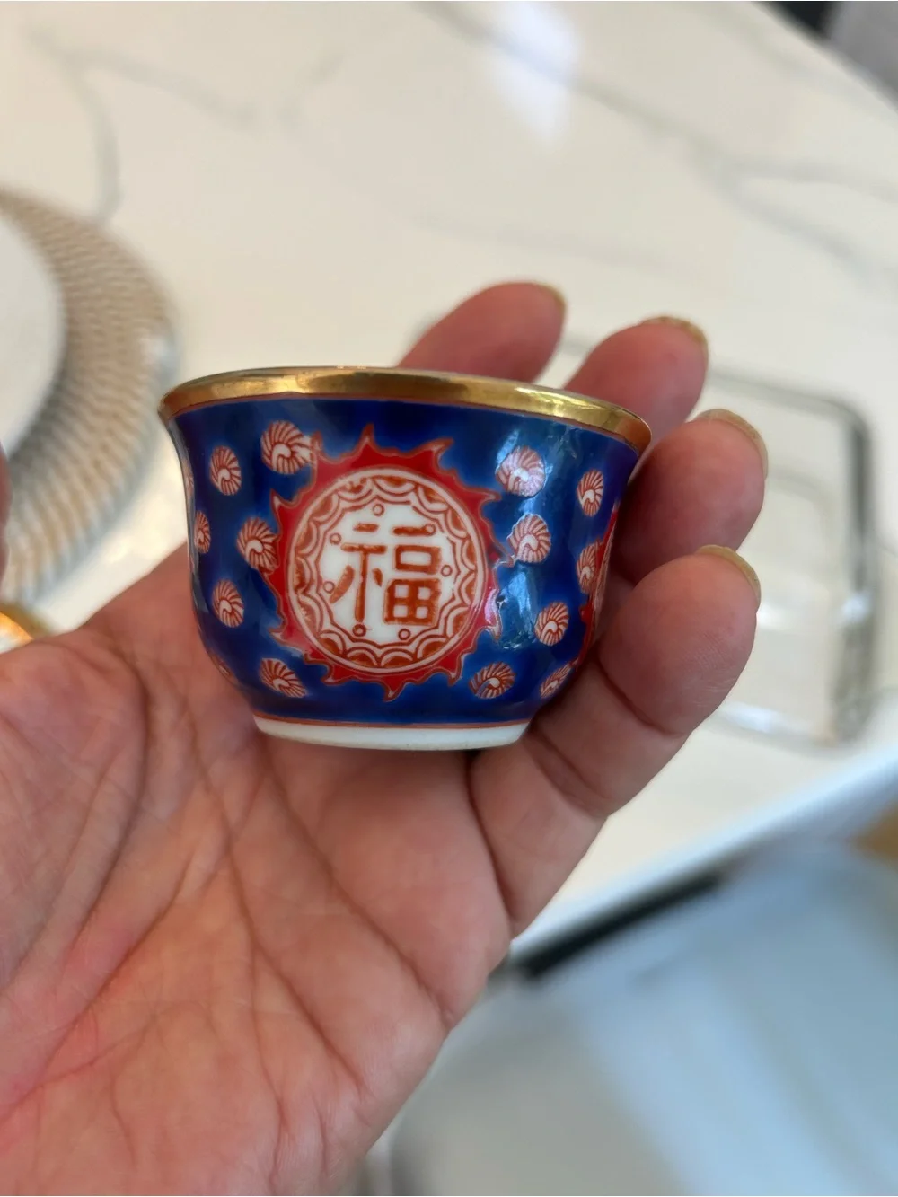 Vintage Chinese Blue and Gold Porcelain Decorative Tea Canister 3 pc
